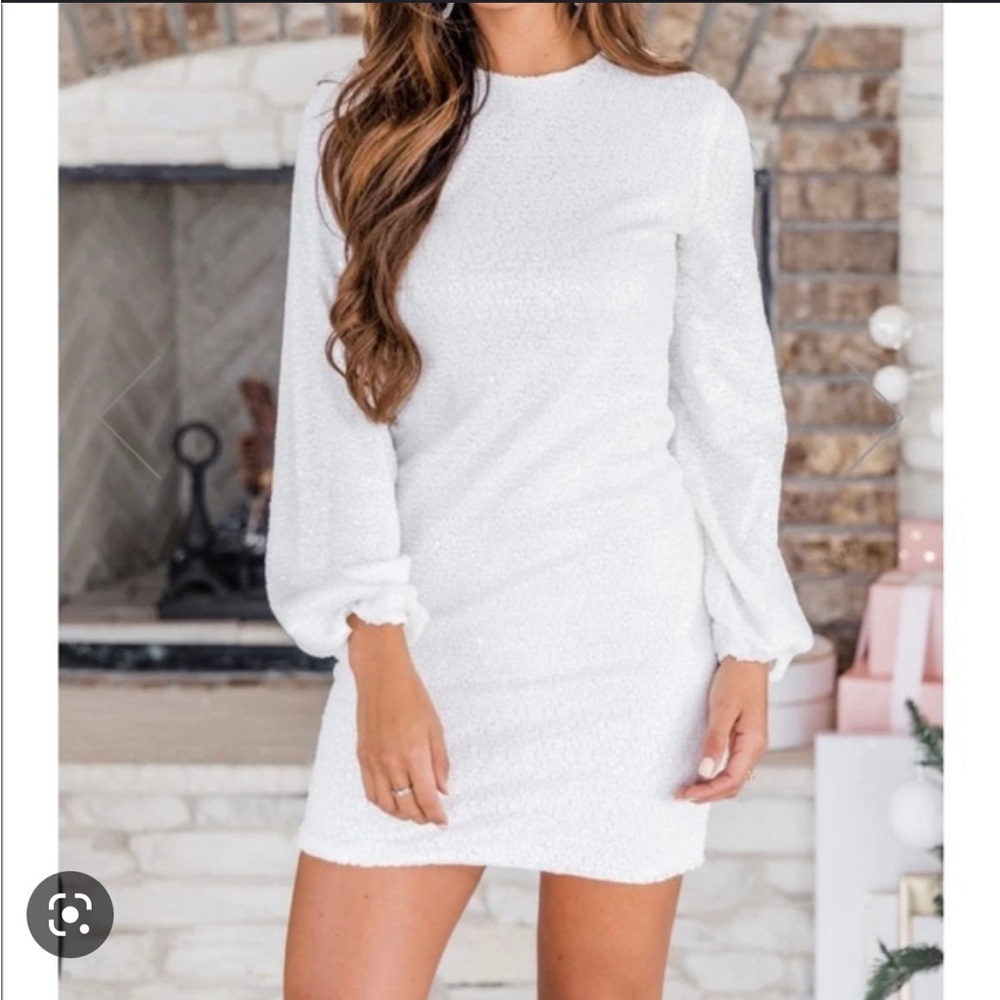 Pink Lily Graceful Simplicity White Sequin Dress